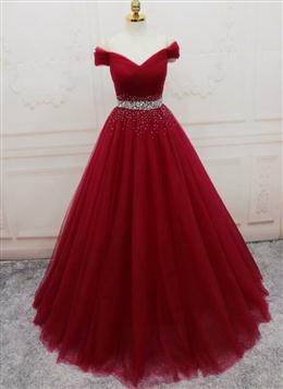 Picture of Pretty Handmade A-line Prom Dresses , Off Shoulder Wine Red Color Party Dresses